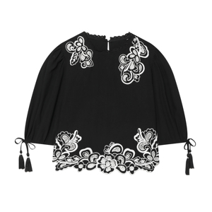 Rundhals-Oberteil mit Halben Ärmeln in Schwarz, Stickerei und Schnürung, Lässige Modische Bluse für Damen - Product Image 1