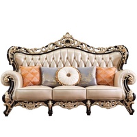 Ensemble de canapés 1+2+3 places en cuir véritable de style européen classique de luxe, bois de chêne noir doré sculpté, beige et blanc, Minis MN-SF46