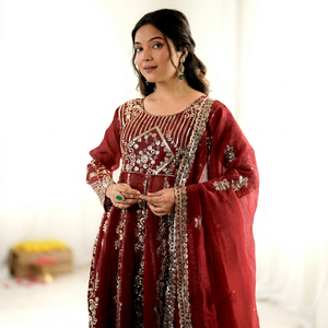 Robe Anarkali en soie brodée rouge avec dupatta, tenue de mariage traditionnelle indienne et pakistanaise pour femme, longueur ras du sol, coupe classique - Product Image 1