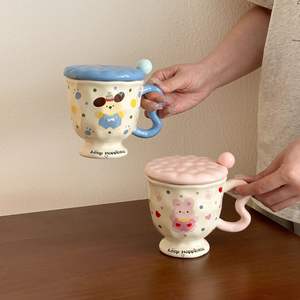 แก้วเซรามิคลายกระต่ายน่ารักพร้อมฝาและช้อน สำหรับเป็นของขวัญวันเกิดสำหรับเด็กผู้หญิง - Product Image 4