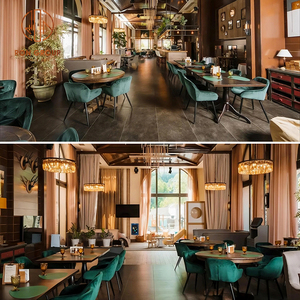 Juego de Mesa y Sillas para Restaurante Comercial: Mesas de Comedor de Madera Oscura y Sillas de Terciopelo Esmeralda con Patas de Acero Negro, Paquete Resistente - Product Image 2