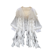 Chemise d'été pour femmes à col en V, manches longues, à volants, ample, fluide, boutonnée, pour le bureau