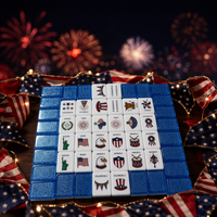 Ensemble de Mahjong Jour de l'Indépendance – Tuiles de Mahjong bleues à paillettes avec motifs feux d'artifice et étoiles – Cadeau de Mahjong en acrylique de qualité supérieure