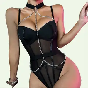 Women Teddy Lingerie Hot Sexy Lady Girls Strap Erotic See Through Sheer Chain Bodysuit Black Sex Tight