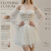 Robe décontractée et élégante pour femme, personnalisée, en tulle, à épaules dénudées, avec volants, manches longues bouffantes, dentelle, patte de boutonnage à boutons métalliques et taille cintrée