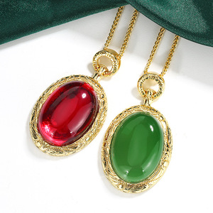 9 Wholesale imitation jadeite <b>Ruby</b> jewelry Copper Gold Plated Smooth 18*25MM Oval Cut cubic zirconia pendant <b>necklace</b> - Product Image 3