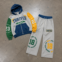 Ensemble sweat à capuche et pantalon de survêtement streetwear pour homme, imprimé personnalisé, surdimensionné, avec motifs graphiques, strass, effet déchiré, patchwork color block