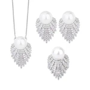 Moda personalizada Vintage joyería mujer boda joyería conjunto Latón chapado en oro blanco perla collar pendientes anillo conjuntos para mujer