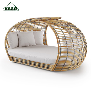 Sofá de Ratán para Jardín, Tumbona de Playa con Toldo, Cama Redonda para el Borde de la Piscina, Cama Bali para Tomar el Sol, Cabaña, Cama de Día para Exteriores - Product Image 4