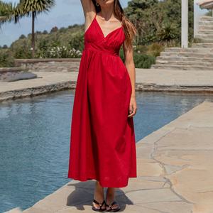 Nouvelle Arrivée Robe Longue Rouge Sans Manches Col V pour Femme, Bretelles Fines, Coupe Ajustée, Douce, Dos Lacé, Qualité Supérieure - Product Image 1