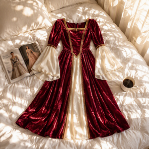 Abito Medievale da <span class=keywords><strong>Principessa</strong></span> in Velluto Bordeaux con Copertura Totale, Maniche Lunghe a Campana, Lunghezza al Pavimento, Stile Rinascimentale Reale, per <span class=keywords><strong>Film</strong></span> e TV - Product Image 2