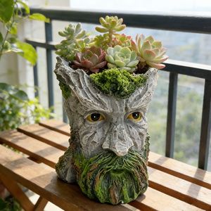 Human Face <b>Tree</b> Stump Flower <b>Pot</b> Resin Outdoor Home Garden Planters Green Bearded Design Creative Decor - Product Image 5