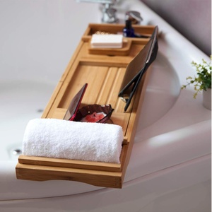 Support de baignoire en bois de hêtre réglable avec côtés extensibles, organisateur de salle de bain pour verre à vin - Product Image 2