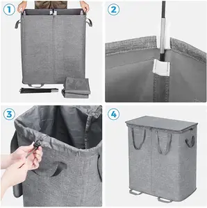 Cesto plegable de gran capacidad para ropa sucia, cesto doble con tapa y bolsas de lavandería extraíbles, 2 separadores