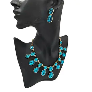AS New Bib Necklace Earrings 18k Gold Ladies Emerald Gemstone Necklace Set Jewelry