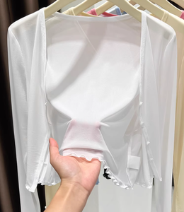 Cárdigan largo de protección solar tejido Spandex de nailon blanco, chal ligero para <span class=keywords><strong>mujer</strong></span>, abrigo de tela fina <span class=keywords><strong>transparente</strong></span> de verano - Product Image 4