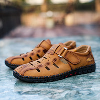 Sandales en cuir véritable pour hommes, fabriquées à la main en Chine, style rétro, décontractées, respirantes, pour l'été, à enfiler