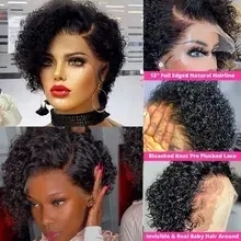 Perruques et tissages de cheveux humains 100% naturels brésiliens bruts, pré-épilés, avec frontal en dentelle <span class=keywords><strong>13x1</strong></span>, coupe pixie courte bouclée, dentelle HD bouclée pour femme noire - Product Image 5