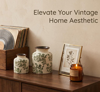 Set Vas Keramik Vintage Crackle Glaze (2 buah), Pola Bunga Botani Lukisan Tangan, Dekorasi Rumah Gaya Retro Farmhouse