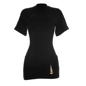 วิวิบลุค Y26DS051 ชุดเดรสฤดูร้อนผู้หญิงใหม่ลำลองสีทึบแขนสั้นตกแต่งโลหะจีบมินิเดรสปาร์ตี้ - Product Image 5