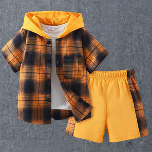 Ensemble de vêtements d'été pour garçon, <span class=keywords><strong>chemise</strong></span> à manches courtes à <span class=keywords><strong>carreaux</strong></span> à capuche + short, 2 pièces, vêtements pour enfants - Product Image 4