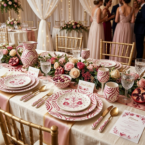 Assiettes en céramique peintes à la main rouges <span class=keywords><strong>et</strong></span> blanches en gros, <span class=keywords><strong>service</strong></span> de vaisselle en porcelaine vintage romantique pour la restauration <span class=keywords><strong>et</strong></span> les mariages - Product Image 4