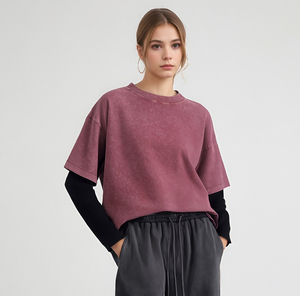 ET-019 250g Acid Wash Long Sleeve Shirts Y2K Crew Neck 2 in 1 T-Shirt Oversized Tops Streetwear Long Sleeve <strong>Tshirts</strong> - Product Image 6
