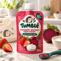 Pochette à bec verseur personnalisée imprimée, refermable et réutilisable pour aliments pour bébés, 120g, purée de fraise, betterave et yaourt grec