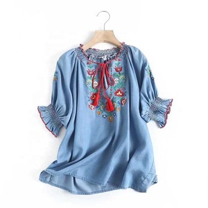 เสื้อยืดผ้ายีน<span class=keywords><strong>ส์</strong></span>คอกลมสไตล์วินเทจปักลายแขนพองสำหรับผู้หญิงเสื้อยืดยีน<span class=keywords><strong>ส์</strong></span>สำหรับฤดูร้อน - Product Image 3