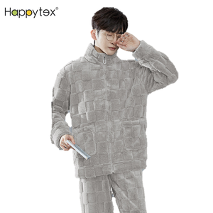 Top sólido cálido de <span class=keywords><strong>invierno</strong></span> con pantalones, ropa de casa, conjunto de PJ de manga larga, ropa de dormir gruesa de lana Coral para <span class=keywords><strong>hombre</strong></span>, interior y exterior con cremallera - Product Image 1