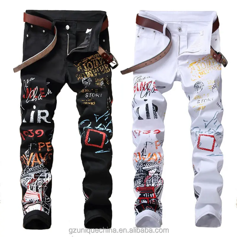 Beste Kwaliteit Mode Designer Jeans Blauwe Kleur Verf Bedrukt Jeans Mannen Designer Hiphop Broek Slim Fit Punk Stijl Designer Jeans