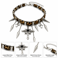 Collier ras du cou punk imprimé léopard, corde gothique Y2K, pendentif croix à pointes, en alliage de cuivre plaqué argent, bijou statement unisexe