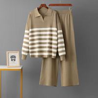 Ensemble tricoté antistatique pour femme, col rabattu, rayé, pull et pantalon décontracté, nouvelle collection automne, vente en gros