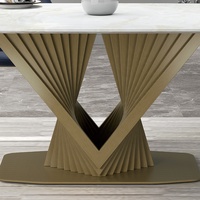 Table à manger avec base en acier inoxydable bronze sculpté en spirale dorée et plateau en pierre frittée brillante ou en marbre