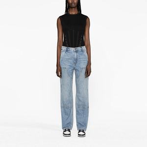Logo personnalisé femmes coupe droite taille moyenne bleu clair lavage charpentier <span class=keywords><strong>jean</strong></span> respirant Denim Streetwear Sexy décontracté Style poches - Product Image 1