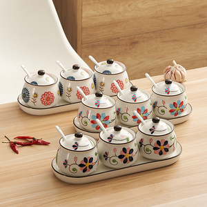 创意彩绘花卉陶瓷储物罐胡椒盐罐厨房用具储物盒带盖香料香料瓶家居装饰 - Product Image 2