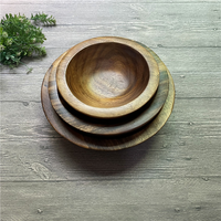 Ensemble de bols à salade vintage en bois massif à fond peu profond, avec bord large, bols à fruits en bois naturel, empilables, pour la présentation des aliments en cuisine