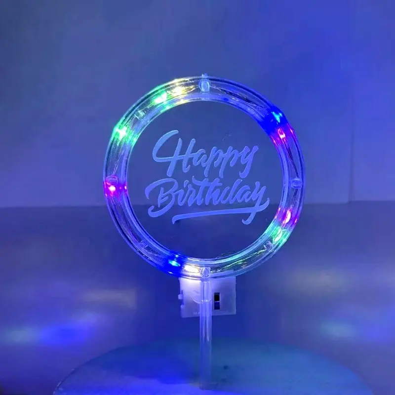 Grosir kustom puncak kue LED lampu akrilik puncak kue puncak perlengkapan dekorasi kue selamat ulang tahun