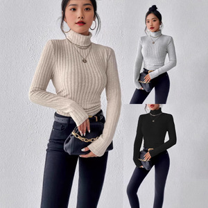 Camiseta de Punto Acanalado de Manga Larga y Cuello Alto para Mujer, Tallas Grandes, Color Sólido, Estilo Casual, Otoño Invierno, Dropshipping Shopify - Product Image 2