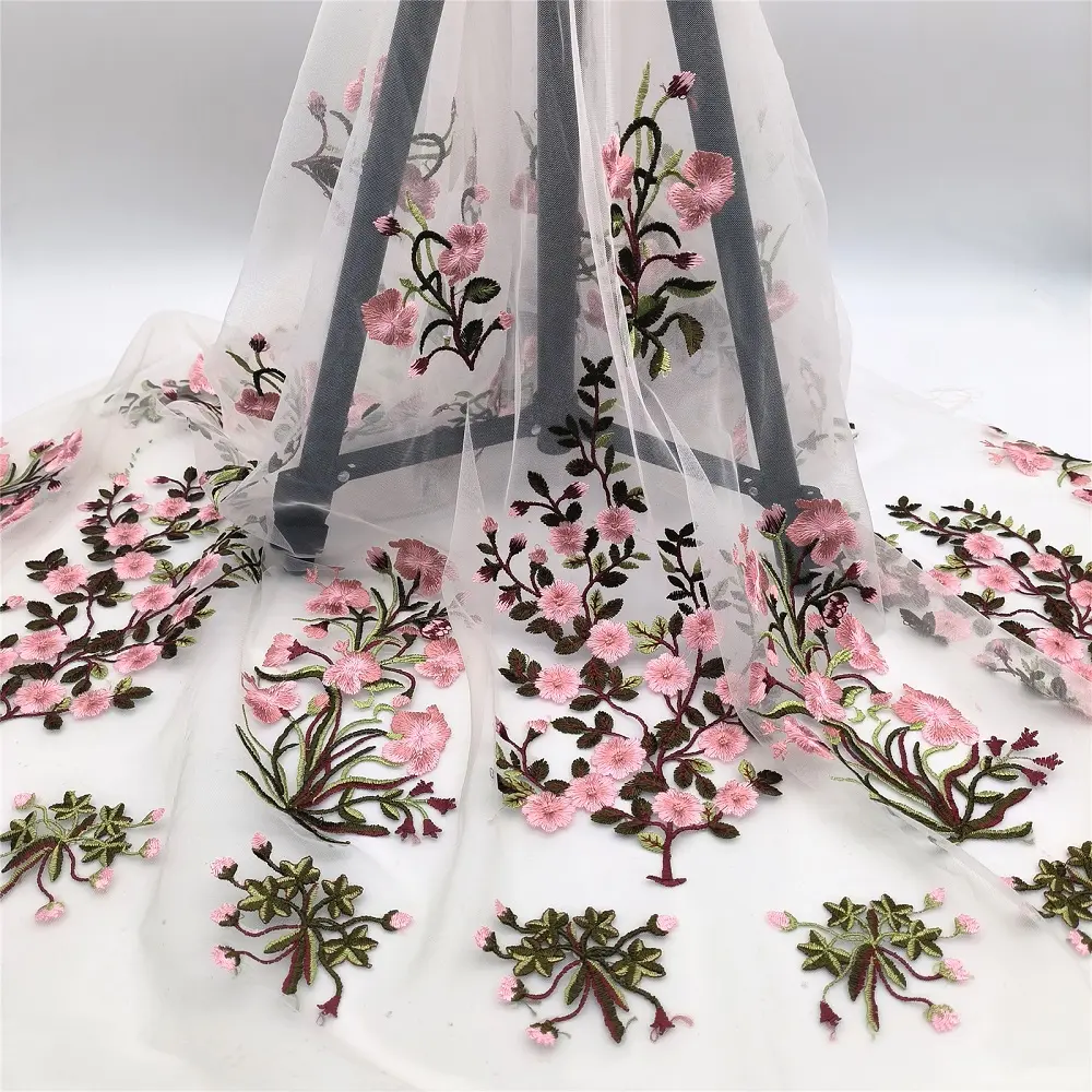 Tulle de mariée 3d à fleurs roses de haute qualité, tissu à paillettes français, broderie pour robe, dentelle personnalisée