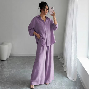 Conjunto de Dos Piezas de Verano para <span class=keywords><strong>Mujer</strong></span>, Talla Grande, Blusa Informal Lisa con Aspecto de <span class=keywords><strong>Lino</strong></span> y Pantalones Largos Holgados de Cintura Alta - Product Image 1