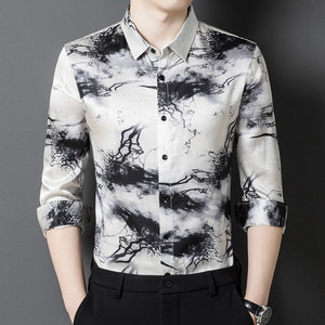 Chemise à manches longues en <span class=keywords><strong>soie</strong></span> de mûrier pour <span class=keywords><strong>homme</strong></span>, style chinois imprimé, col <span class=keywords><strong>carré</strong></span>, antibactérienne, décontractée et élégante pour l'été - Product Image 3