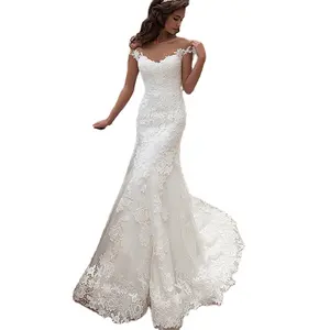 LL021 Design Women's Elegant Mermaid Lace Wedding Dresses Vestido De Noiva Princesa Sheer Neck Button Back Bridal Gowns