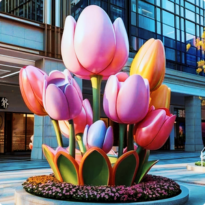 Custom Fiberglass Giant Tulip Sculpture 3.5m Tall Multi-color Commercial Plaza Decor