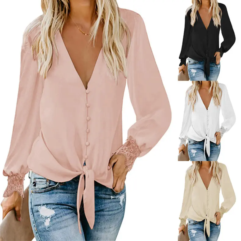 Hot Button Shirts For Womens Long Sleeve Down Linen Loose Fit Casual V-neck hipster bow multicolored top Women's Blouse