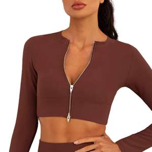 Solid Color Rib-Up/Down Zipper Breathable Yoga Jacket with Long Sleeve Fitness <b>Tight</b> Sportswear for <b>Women</b> - Product Image 5