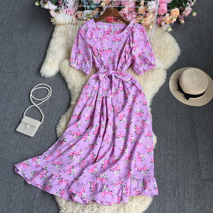 Robe décontractée à fleurs à manches courtes Robe tunique imprimée à col rond pour femmes Robe en mousseline de soie simple - Product Image 6