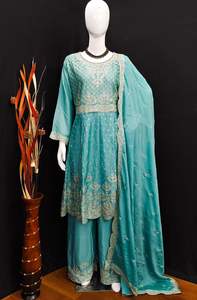 Traje Palazzo Salwar Kameez de último diseño con Chinon pesado con bordado de secuencia, traje de fiesta para mujer - Product Image 4