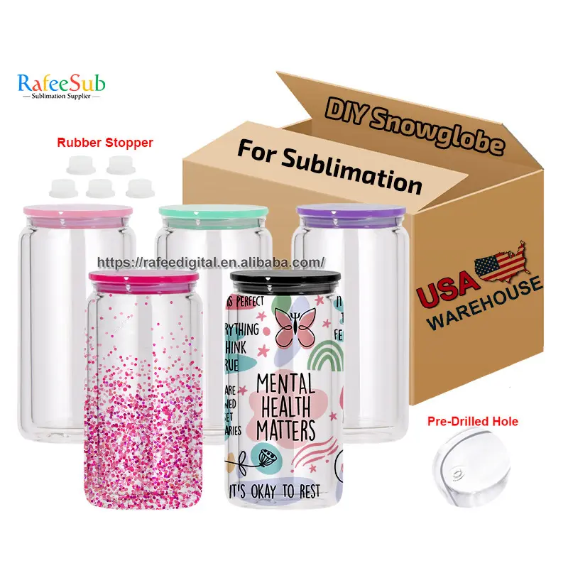 USA Warehouse 16oz 16 oz Pre-drilled Hole Double Wall Blank Sublimation Snow Globe Snowglobe Glass Beer Can with Color Lid Straw