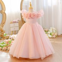 Nouvelle Robe d'Été pour Filles, Robe de Princesse à Fleurs en Relief pour Anniversaire, Robe de Performance Trapèze Longueur Genou pour Enfants